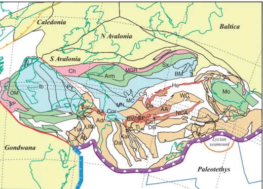 Figure 8. Pre-Mesozoic basement areas of the Alps (brown) in their Variscan framework,  represented by its geodynamic units (cf