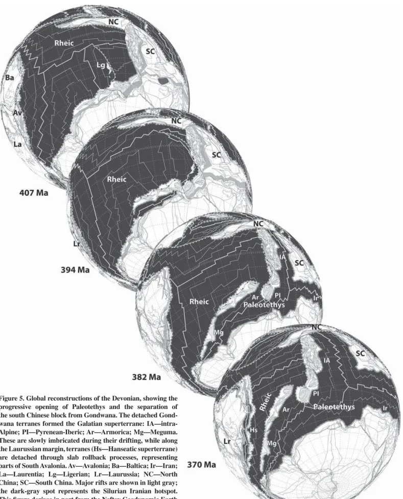 Figure 5. Global reconstructions of the Devonian, showing the  progressive opening of Paleotethys and the separation of  the south Chinese block from Gondwana
