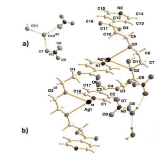 Fig. 2 Double chain arrangement of 1; (a) a view of the hydrogen bonding system, (b) o ﬀ set of 1 shown with labelling; #1: − 1 + x , y , z and #2: 1 − x , 1 − y , 1 − z .