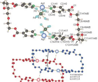 Fig. 6 Polycatenation-type of interpenetration of rings of 4 via H-bonding motifs: schematic representation (top) and H-bonds (bottom).