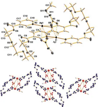 Fig. 12 Metallacycle of 9 with numbering (top) and linking of two metalla- metalla-cycles via nitrate and aromatic stacking (bottom)