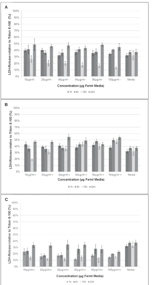 Fig. S3. Release of Lactate Dehydrogenase (LDH) in % by HeLa cells relative to Triton X-100 after 1h, 6h, 16h and  24h as a function of different concentration (g Fe/ml in supplemented medium) of (A) negatively, (B) positively and  (C) neutrally charged P