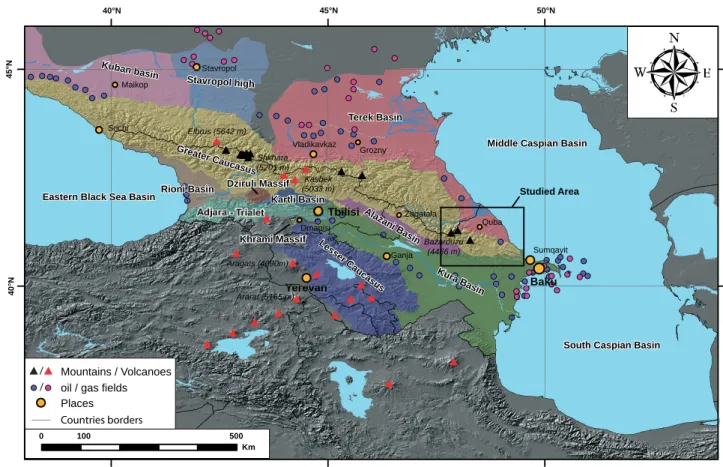 Figure 1: Tectonic units and sedimentary basins of the Greater Caucasus with main mountains, volcanoes and the main gas-oil  ﬁ  elds.