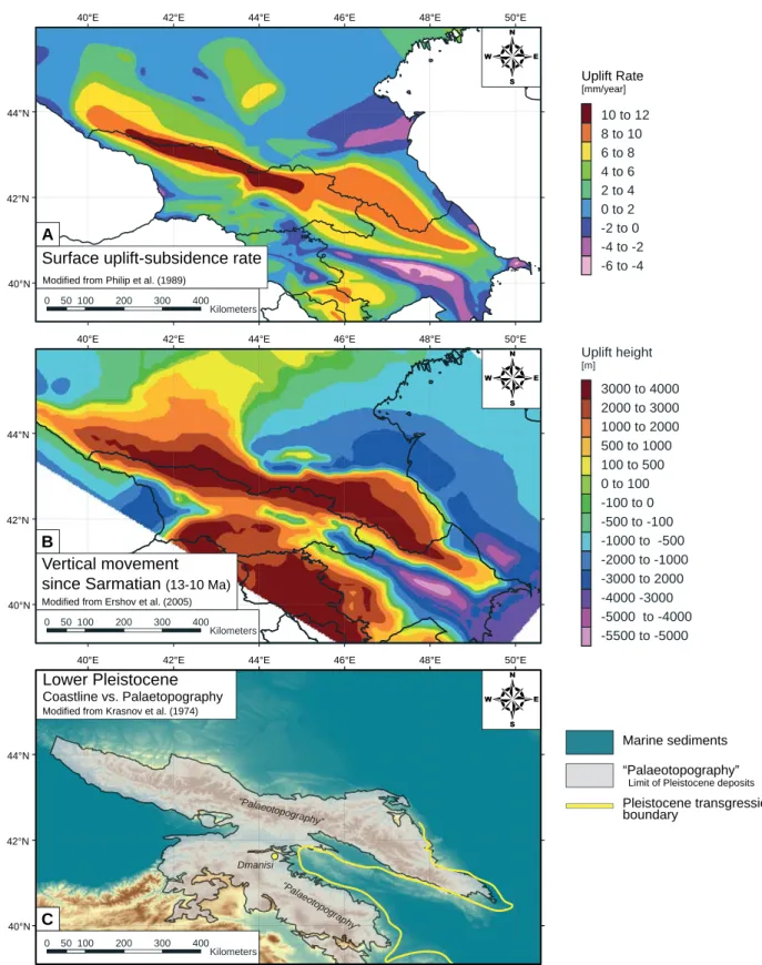 Figure 9: Maps of surface uplift rates, vertical movement, and Lower Pleistocene coastlines
