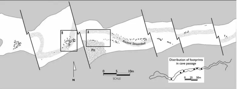 Figure 3. Map of Aborigine Avenue, showing prehistoric footprint distribution (small dots)