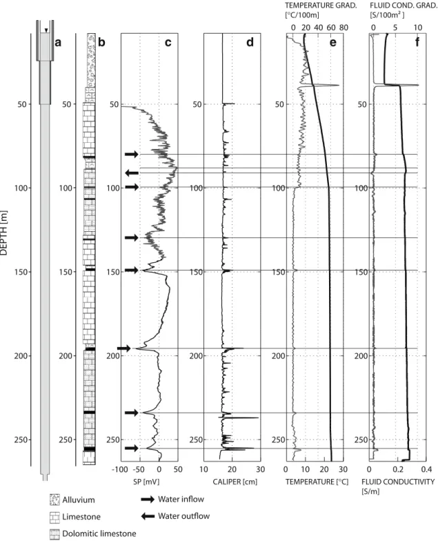 Fig. 4 Result of the logging inside borehole C2: a technical sketch of C2 showing cased parts and variations in diameter, b lithology (Bureau d ’ Etudes Géologiques S.A., unpublished data, 1987), c self-potential log (mV), d caliper log (cm), e water tempe