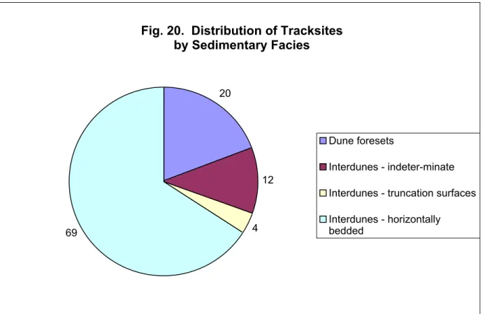 Fig. 20.  Distribution of Tracksites  by Sedimentary Facies 20 12 69 4 Dune foresets Interdunes - indeter-minate Interdunes - truncation surfacesInterdunes - horizontally