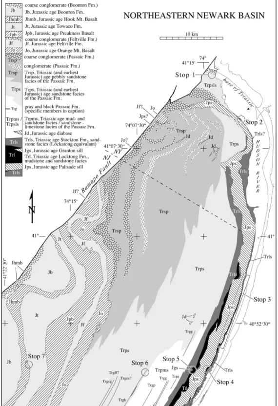 Figure 7.  Bedrock geological map of the northern Newark basin showing the field stops  (Based on Ratcliffe, 1999; Parker, 1993; Parker et al., 1988; and Olsen et al.,  1996a)