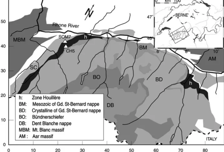 Figure 1. Tectonic map of the studied area showing the location of the boreholes SOM7 and CH5 (triangles).