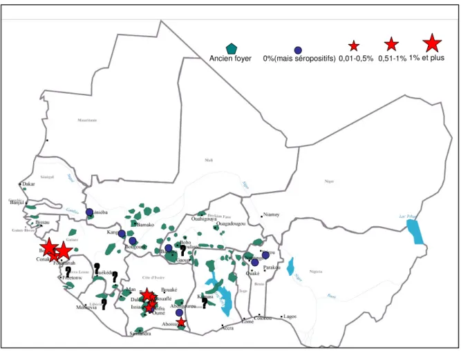 Figure 2: Foyers historiques et récentes surveillances médicales (IRD/IPR, NCP, OMS 2000-2006) en  Afrique de l’Ouest 