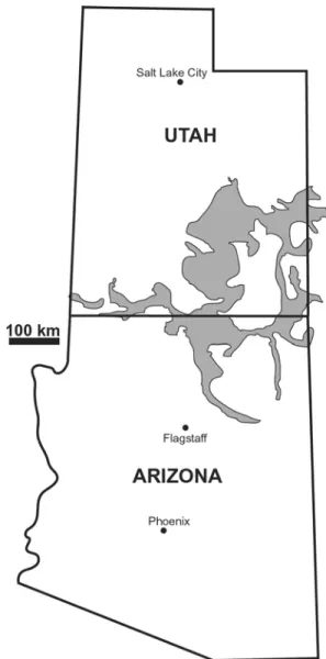 FIGURE 1.  Distribution of exposed Navajo Sandstone strata in  Arizona and Utah.  Modified from Winkler et al