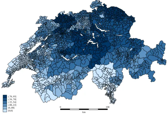 Figure 3: Proportion of dispensing practices among all GP practices across small geographic areas in Switzerland (year 2002).
