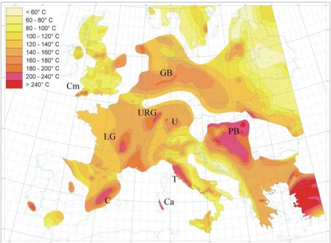 Figure 1-1 : Map of temperature in Europe extrapolated to 5km depth - modified after  Genter (2004)  and  Hurtig et al