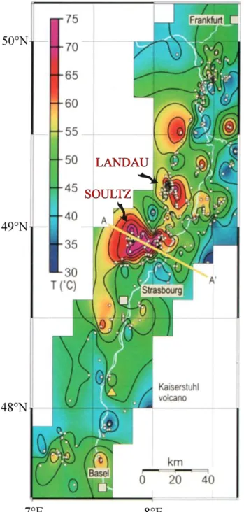 Figure  1-2  : Temperature contour map of the Rhine Graben at a depth of 800 m  modified after Pribnow and  Schellschmidt  (2000)