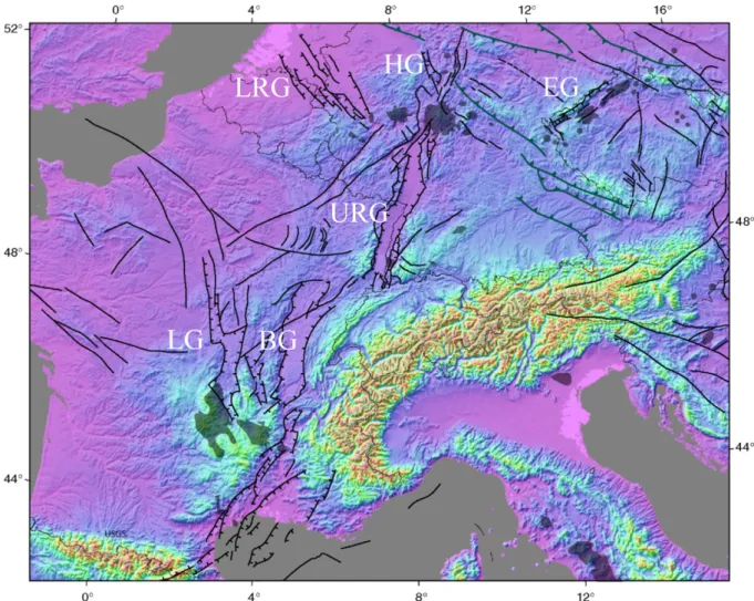 Figure 1-6 : Emplacement of Graben Systems on the Digital Elevation Model of the European Cenozoic Rift System (ECRIS)  area with superimposed ECRIS fault systems (thin lines), based on GTOPO30 with horizontal grid spacing of 30 arc sec,  USGS, modified af
