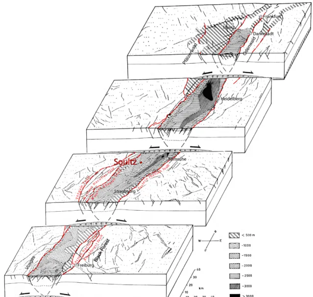 Figure 1-9: Block diagrams of the general Rhine Graben structure. Various hatching corresponds to the thickness of the  Cenozoic sedimentary fill