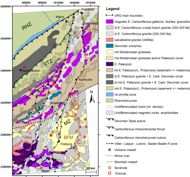 Figure 2-1 : Compilation of Edel (2004) and Edel and Schulmann (2009) interpretative maps showing the major units and  tectonic  features beneath the pre-Late Carboniferous -  Permian basin
