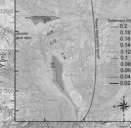Fig.  3  Simulated settlement map resulting from the final distribution of water pressures
