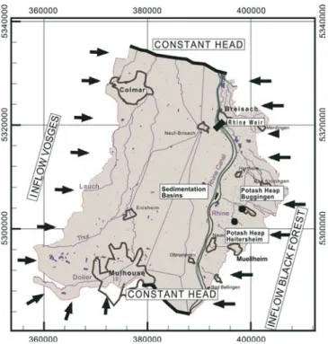 Fig. 3 Modelling area and ﬂow boundary conditions