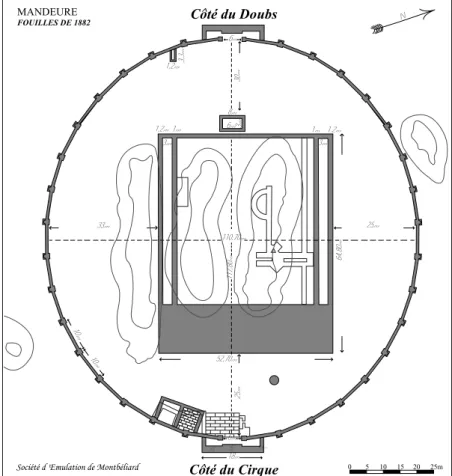 Fig. 7. Mandeure, Clos du  Château : plan synthétique  du sanctuaire. (d’après  Duvernoy 1883 et plan  P