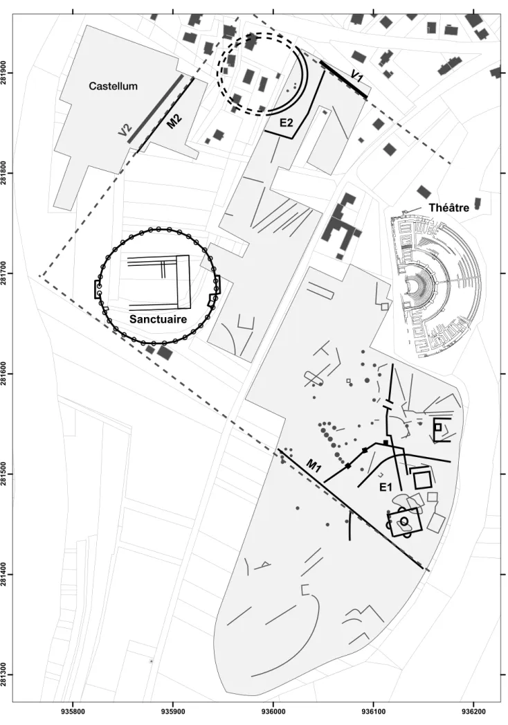 Fig. 8. Plan des ensembles monumentaux reconnus par la prospection géophysique aux abords du théâtre (2001-2005)