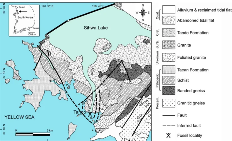 Fig. 1 Regional geologic map in the vicinity of the Tando Basin (modified after Park and Kim 1972; Kim et al