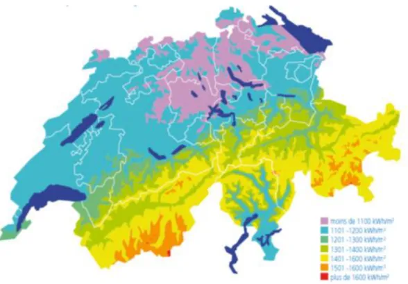 Figure 6. Ensoleillement annuel moyen en Suisse selon les régions