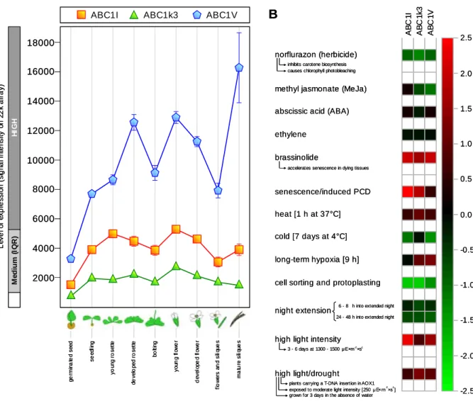 Figure 2.4: Variations in the gene expression of the three ABC1-like kinases based on  microarray data obtained from the Genevestigator database