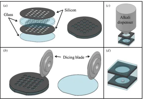 Figure 2. Fabrication procedure. (a) Patterning and cleaning two silicon wafers and one thick glass wafer
