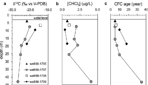 Figure  4.Profile  of  the  δ 13 C  values,  concentration  and  CFC  age  of  groundwater  at  different  depths at the Viborg plantation