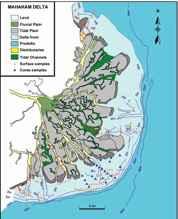 Figure 2: Mahakam delta sedimentological features and sampling locations. 