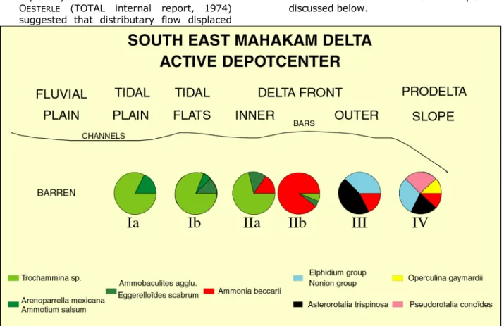 Figure 9: South East Mahakam: delta biofacies distribution. This sketch shows the general distribution of the  main Foraminiferal taxa in relation to the topographical and sedimentological pattern