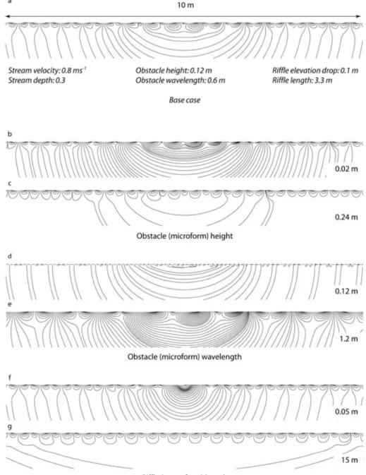 Figure 2. Hyporheic exchange ﬂ ow paths along a pool-rif ﬂ e-pool sequence with current – obstacle interactions (particle seeded every 4 cm instead of 1 cm, for clarity)