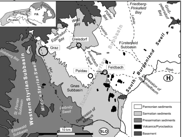 Fig. 1: Geological sketch of the Styrian Basin (S.B. = Styrian Basin, P.B. = Pannonian Basin).