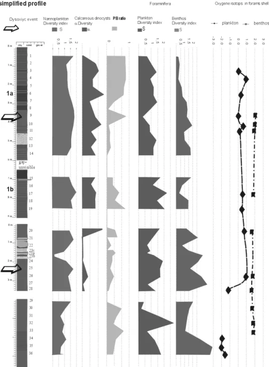 Fig. 2. Simplified lithological profile with distribution of the studied fossils, compared to  18 O values  content in planktonic and benthic foraminiferal tests