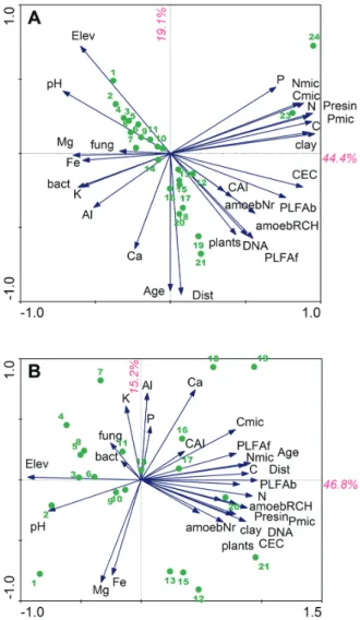 Fig. 14. RDA testing importance of six explanatory variables (C in  soil, plant biomass, distance from glacier, age of soil, elevation, and  chemical  alteration  index),  shown  in  red,  on  array  of  other   mea-sured  variables,  shown  in  blue,  (A)