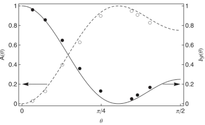 FIG. 5. Angular dependence of the resonance background, bg(θ) (solid dots), and contrast, A(θ) (open circles): dots and circles, experimental values; lines, Eqs