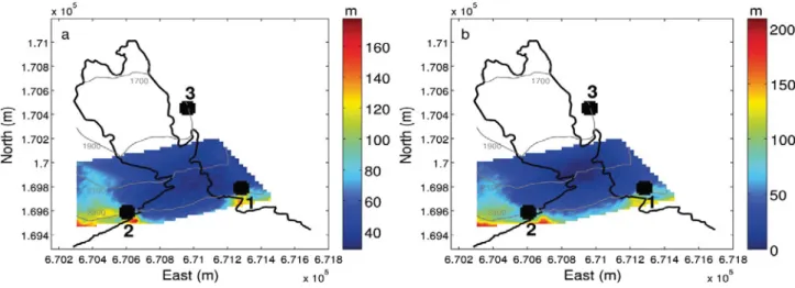Fig. 9. Spatial distribution of the mean location error due to (a) array geometry and (b) velocity model, for DEM points distributed between 2050 and 2350 m a.s.l