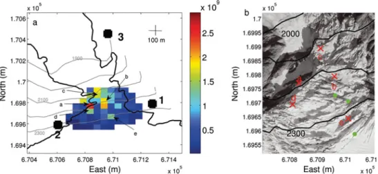 Fig. 10. (a) Spatial distribution of the released seismic energy (arbitrary units) during the whole study period