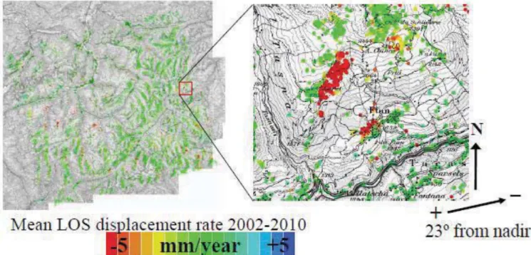 Figure 1   Average deformation rate over Canton Grison derived from ENVISAT ASAR data in ascending track 215