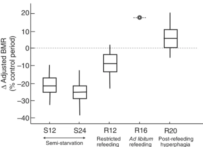 Figure 4 Box and whisker plot showing the distribution of values for adaptive thermogenesis (assessed as the changes in basal metabolic rate [BMR] adjusted for changes in fat-free mass [FFM] and fat mass) at speciﬁc time points during the course of weight 