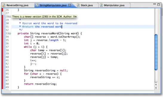 Figure 4.7. Annotation on the Java editor showing a potential conflict on the method reverseWord of class StringManipulator