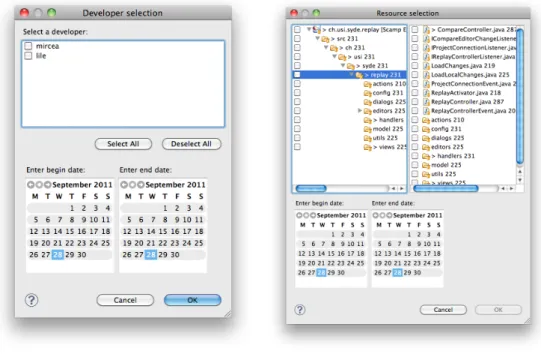 Figure 4.9 presents two dialogs supporting the first two activities. In the dialog of Figure 4.9(a) the user can select one or more developers whose changes they would like to see, and select a time interval for further filtering