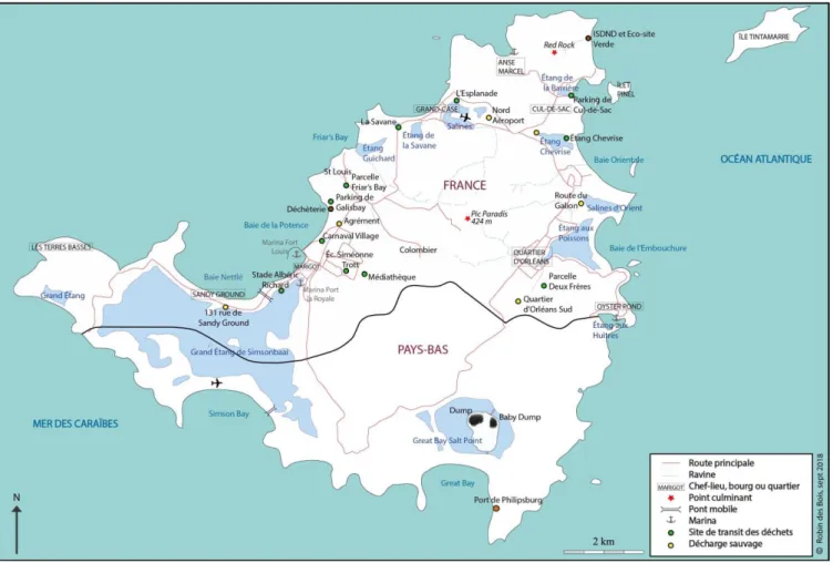 Figure 1. Saint-Martin, localisation des sites de transit et de traitement des déchets et des principales  décharges sauvages