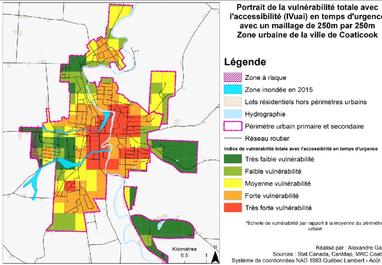 Figure 9. Portrait de l’indice de vulnérabilité totale avec l’accessibilité aux infrastructures en situation  d’urgence (à partir de la caserne de pompiers) Auteur : A