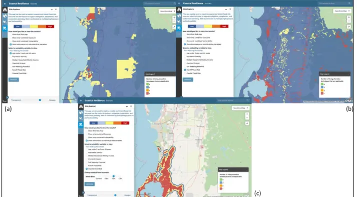 Figure 7. Interface du Coastline Resilience en Australie au sud de Perth. (a) la vulnérabilité sociale avec  les populations âgées de moins de 5 ans et plus de 65 ans, (b) le risque inondation par ruissellement et (c) 