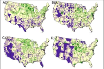 Figure 2. Cartographie de la résilience à l'échelle des Etats-Unis par indicateur: A= social, B= économique,  C= communautaire, D= institutionnel (Cutter et al., 2014) 