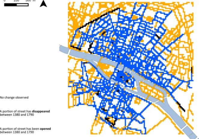 Figure 1. Comparison of two maps (1380 and 1791) of the Parisian street network through an analysis grid  (squares of 25×25 m)