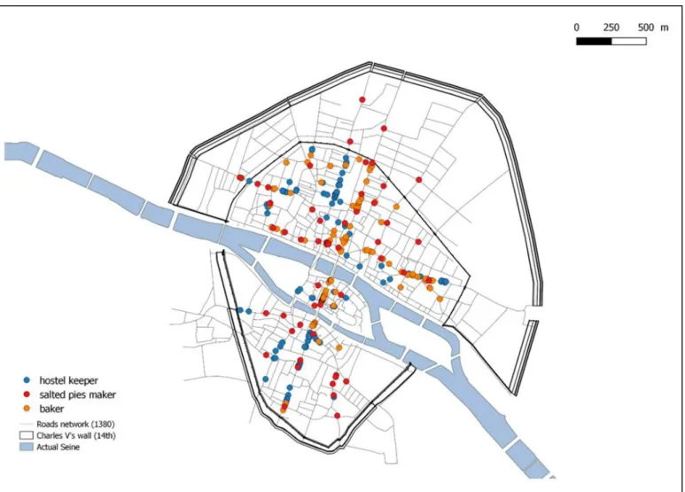 Figure 2. Location of bakers, hotel keepers and pasty makers in Paris in 1300 (study of the tax register “rôle de la  Taille”) – APUR © ALPAGE : Anne-Laure Bethe, Caroline Bourlet, Yoann Brault, Nicolas Faucherre, Davide 