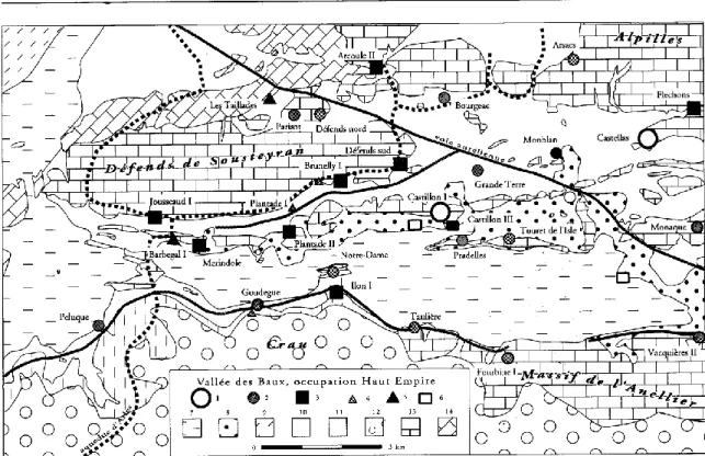 Figure 5. L’occupation du sol dans la vallée des Baux et le long de l’aqueduc sud des Alpilles durant le  Haut Empire (Gazenbeek, 2000 : 90, fig
